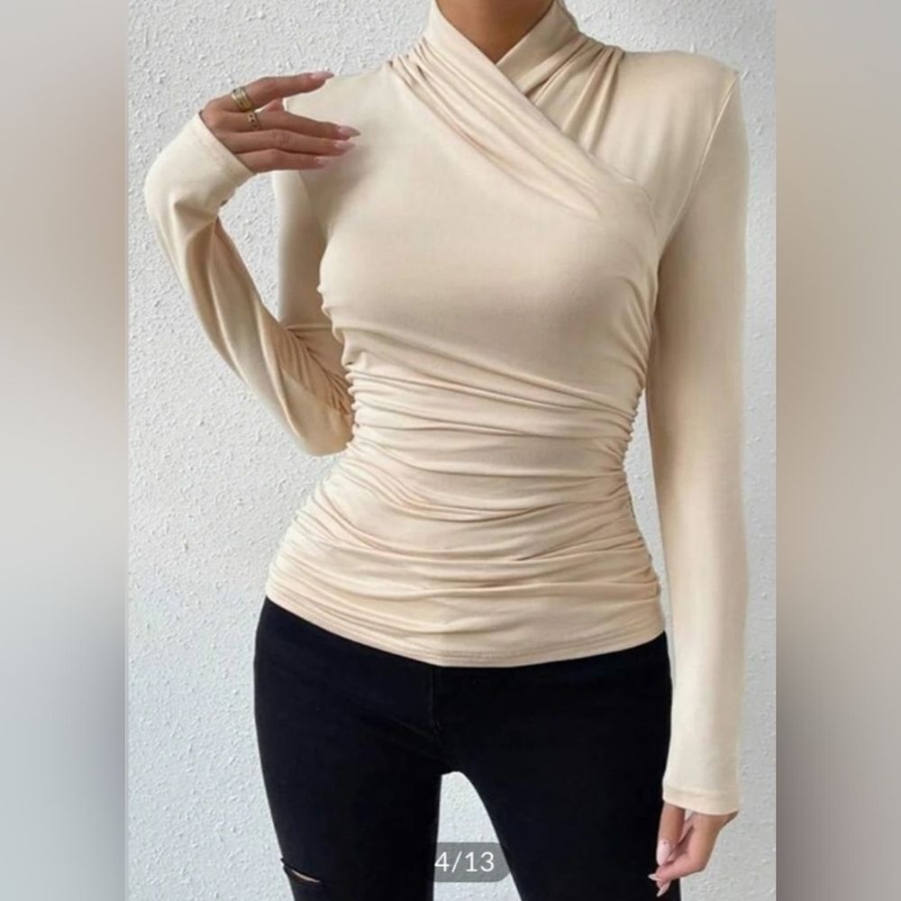 Cross-Over Collar Pleated Cinched T-Shirt Commense XS NWT CM6 - Picture 5 of 6